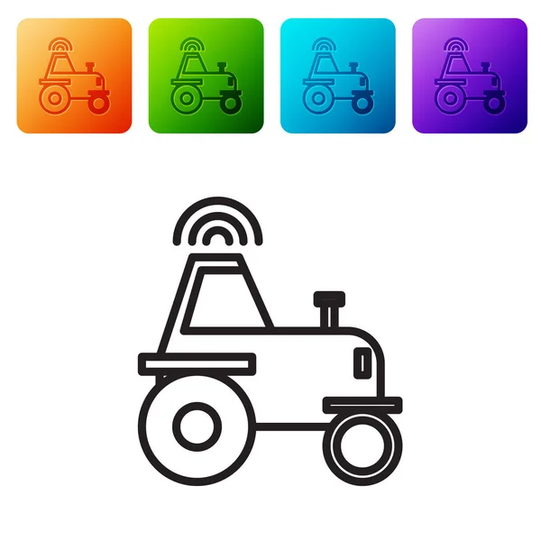 黑线自动驾驶无线拖拉机在一个聪明的农场图标上隔离的白色背景 智能农业实施要素 在彩色正方形按钮中设置图标 病媒图解 — 图库矢量图片