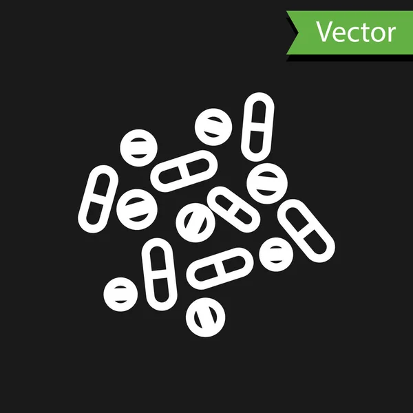 Weiße Linie Medikamentenpille Oder Tablette Symbol Isoliert Auf Schwarzem Hintergrund — Stockvektor