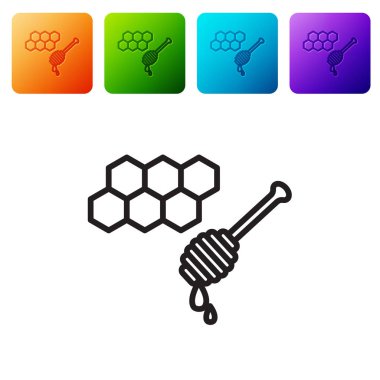 Beyaz arkaplanda izole edilmiş bal peteği etiketli siyah çizgi bal peteği. Tatlı kepçe. Bal hücrelerinin sembolü. Tatlı doğal yemek. Renkli kare düğmelerle simgeleri ayarla. Vektör İllüstrasyonu