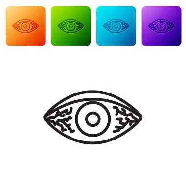 Beyaz arka planda izole edilmiş viral, bakteriyel ya da alerjik konjonktivit ikonu nedeniyle siyah çizgi kırmızımsı göz. Renkli kare düğmelerle simgeleri ayarla. Vektör İllüstrasyonu