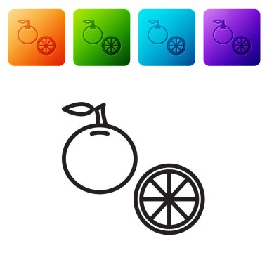 Siyah çizgi turuncu meyve ikonu beyaz arkaplanda izole edilmiş. Renkli kare düğmelerle simgeleri ayarla. Vektör İllüstrasyonu