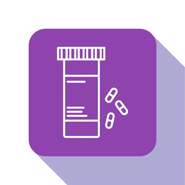 Beyaz çizgi ilaç şişesi ve beyaz arka planda izole edilmiş hap ikonu. Şişe hapı işareti. Eczane tasarımı. Mor kare düğme. Vektör İllüstrasyonu