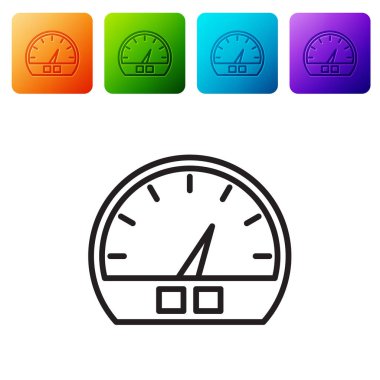 Beyaz arkaplanda siyah çizgi hız göstergesi simgesi izole edildi. Renkli kare düğmelerle simgeleri ayarla. Vektör İllüstrasyonu