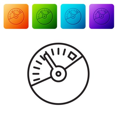 Beyaz arkaplanda siyah çizgi hız göstergesi simgesi izole edildi. Renkli kare düğmelerle simgeleri ayarla. Vektör İllüstrasyonu