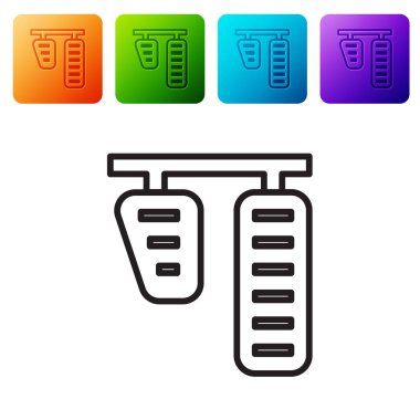 Siyah çizgili araba gazı ve fren pedalları beyaz arka planda izole edilmiş. Renkli kare düğmelerle simgeleri ayarla. Vektör İllüstrasyonu