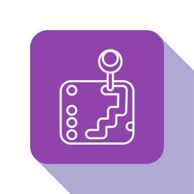 Beyaz çizgi vites değiştiren simgesi beyaz arkaplanda izole edildi. İletişim simgesi. Mor kare düğme. Vektör İllüstrasyonu