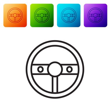 Siyah çizgili direksiyon simgesi beyaz arkaplanda izole edilmiş. Araba tekeri ikonu. Renkli kare düğmelerle simgeleri ayarla. Vektör İllüstrasyonu