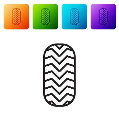 Siyah çizgi araba lastik ikonu beyaz arka planda izole edildi. Renkli kare düğmelerle simgeleri ayarla. Vektör İllüstrasyonu