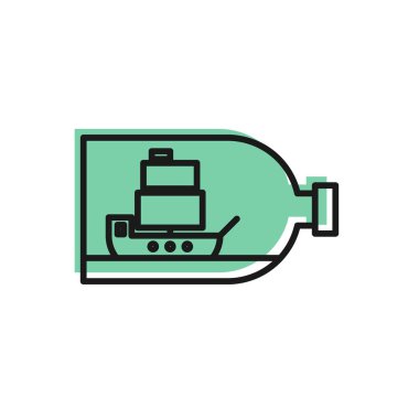 Beyaz arka planda izole edilmiş siyah çizgili cam şişe. Deniz gemisinin minyatür modeli. Hobi ve deniz teması. Vektör İllüstrasyonu