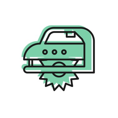 Beyaz zemin üzerinde çelik dişli disk simgesi olan siyah çizgili elektrikli elektrikli testere. Tahta ya da metal kesmek için elektrikli el aleti. Vektör İllüstrasyonu