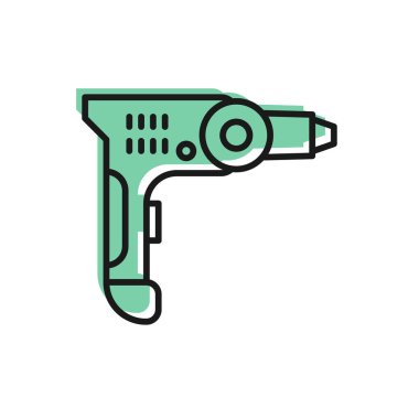 Siyah çizgi elektrikli matkap simgesi beyaz arkaplanda izole edildi. Tamir aleti. Vektör İllüstrasyonu