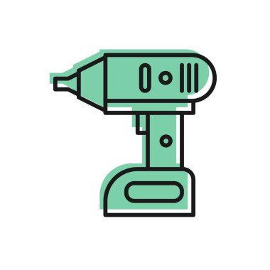 Siyah çizgi elektrik kablosuz tornavida simgesi beyaz arkaplanda izole edildi. Elektrikli matkap. Tamir aleti. Vektör İllüstrasyonu