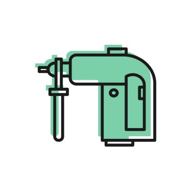 Siyah çizgi elektrikli çekiç matkabı ikonu beyaz arka planda izole edildi. İnşaat, onarım ve onarım için kullanılan bir alet. Vektör İllüstrasyonu