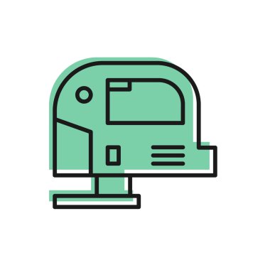 Beyaz zemin üzerinde çelik keskin bıçak ikonu olan siyah çizgili elektrikli yapboz. Ahşap işçiliği için elektrikli alet. Vektör İllüstrasyonu