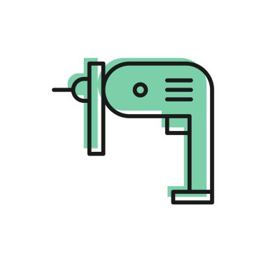 Siyah çizgi elektrikli matkap simgesi beyaz arkaplanda izole edildi. Tamir aleti. Vektör İllüstrasyonu