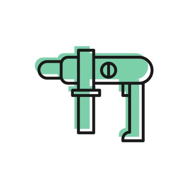 Siyah çizgi elektrikli matkap simgesi beyaz arkaplanda izole edildi. Tamir aleti. Vektör İllüstrasyonu