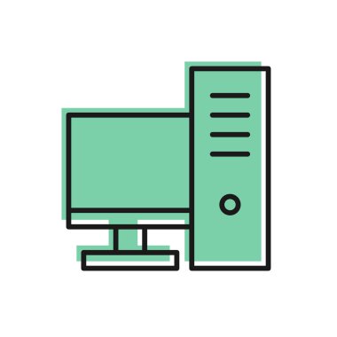 Siyah çizgi bilgisayar monitörü simgesi beyaz arkaplanda izole edildi. Bilgisayar bileşeni işareti. Vektör İllüstrasyonu