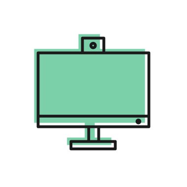 Siyah çizgi bilgisayar monitörü simgesi beyaz arkaplanda izole edildi. Bilgisayar bileşeni işareti. Vektör İllüstrasyonu