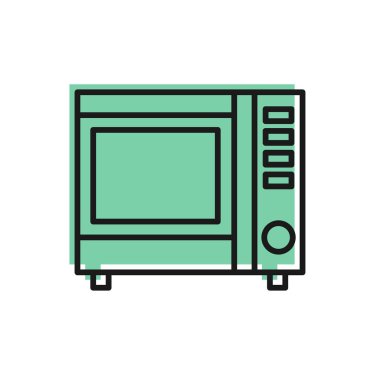 Beyaz zemin üzerinde siyah çizgi mikrodalga fırın ikonu izole edildi. Ev aletleri simgesi. Vektör İllüstrasyonu