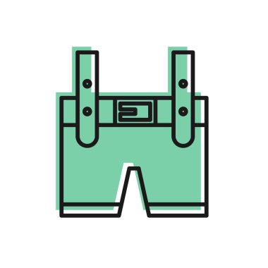 Beyaz arkaplanda siyah çizgi Lederhosen simgesi izole edildi. Geleneksel Bavyera kıyafetleri. Oktoberfest kıyafeti. Pantolon ve pantolon askısı. Patrick günü. Vektör İllüstrasyonu