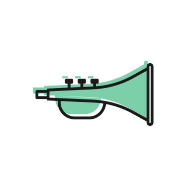 Siyah çizgi müzik aleti trompet ikonu beyaz arka planda izole edildi. Vektör İllüstrasyonu