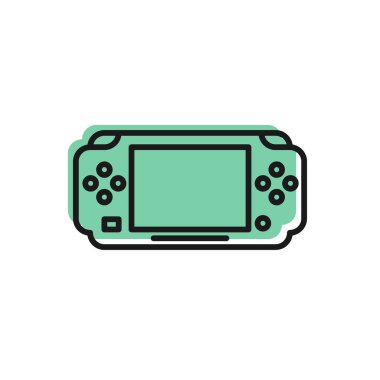 Siyah çizgi taşınabilir oyun konsolu simgesi beyaz arkaplanda izole edildi. Av alanı tabelası. Oyun konsepti. Vektör İllüstrasyonu