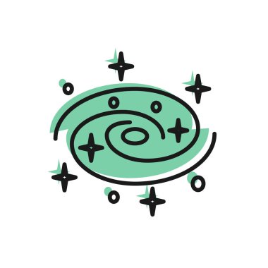 Siyah çizgi Samanyolu sarmal gökadası, beyaz arkaplanda izole edilmiş yıldız ikonu. Vektör İllüstrasyonu