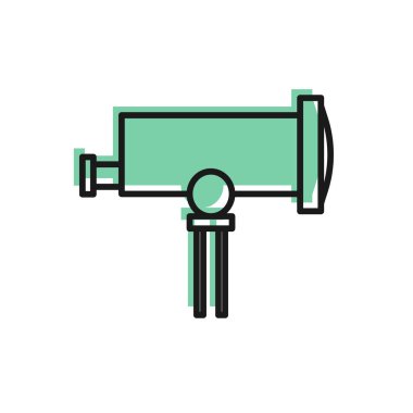 Siyah çizgi Teleskop simgesi beyaz arkaplanda izole edildi. Bilimsel bir alet. Eğitim ve astronomi elementi, dürbün ve çalışma yıldızları. Vektör İllüstrasyonu