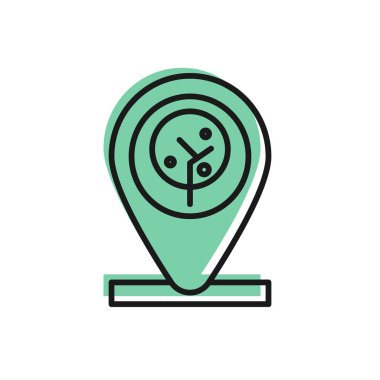 Beyaz arkaplanda siyah çizgi konumu ve ağaç simgesi izole edildi. Vektör İllüstrasyonu