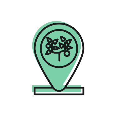 Beyaz arkaplanda siyah çizgi konumu ve ağaç simgesi izole edildi. Vektör İllüstrasyonu