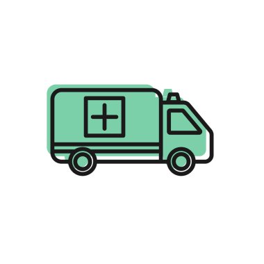 Siyah hat ambulans ve acil durum arabası ikonu beyaz arka planda izole edildi. Ambulans aracı tıbbi tahliye. Vektör İllüstrasyonu