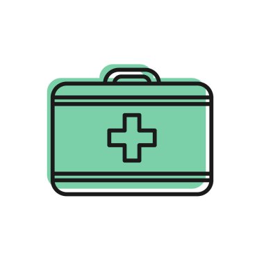 Siyah çizgi ilk yardım çantası simgesi beyaz arkaplanda izole edildi. Haçlı sağlık kutusu. Acil durumlar için tıbbi ekipman. Sağlık sigortası konsepti. Vektör İllüstrasyonu