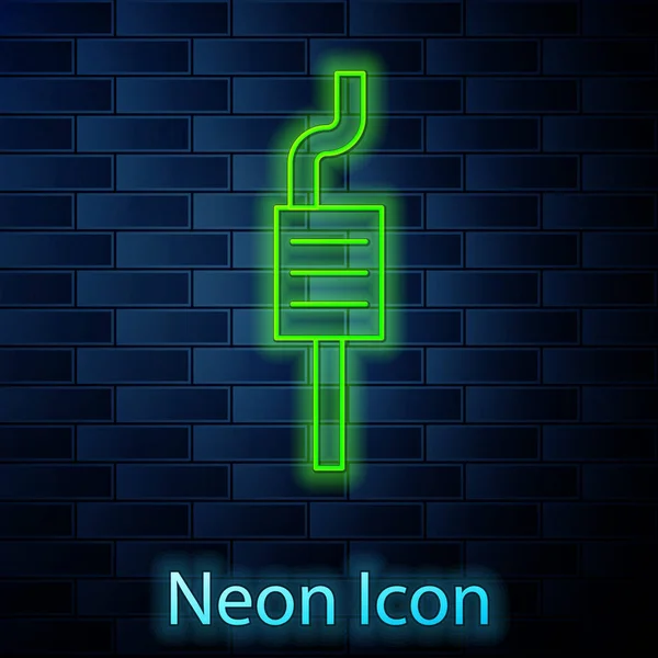 Leuchtende Neon-Linie Auto Schalldämpfer-Symbol isoliert auf Backsteinwand Hintergrund. Auspuffrohr. Vektorillustration — Stockvektor