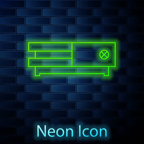 Icono de consola de videojuegos de línea de neón brillante aislado en el fondo de la pared de ladrillo. Ilustración vectorial — Vector de stock