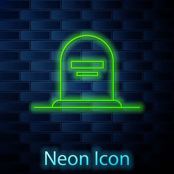 Zářící neonová čára Tombstone s Rip na ní ikona izolované na cihlové zdi pozadí. Ikona hrobu. Vektorová ilustrace — Stockový vektor