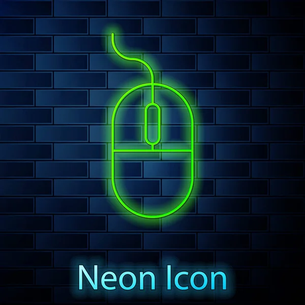 Leuchtende Neon-Linie Computermaus-Symbol isoliert auf Backsteinwand Hintergrund. Optisch mit Radsymbol. Vektorillustration — Stockvektor