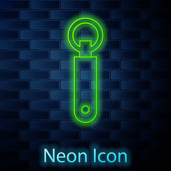 Gloeiende neon lijn Flesopener pictogram geïsoleerd op baksteen muur achtergrond. Vector Illustratie — Stockvector