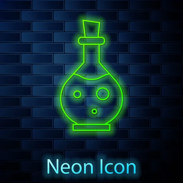Leuchtende Neon-Linie Glasflasche mit magischem Elixier-Symbol isoliert auf Backsteinwand Hintergrund. Computerspiel. Vektorillustration — Stockvektor