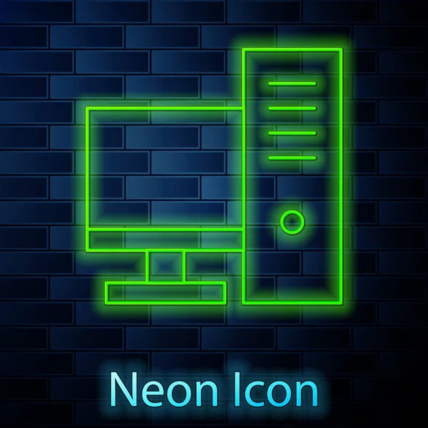 Glödande neon line Datorskärm ikon isolerad på tegel vägg bakgrund. PC-komponentskylt. Vektor Illustration — Stock vektor