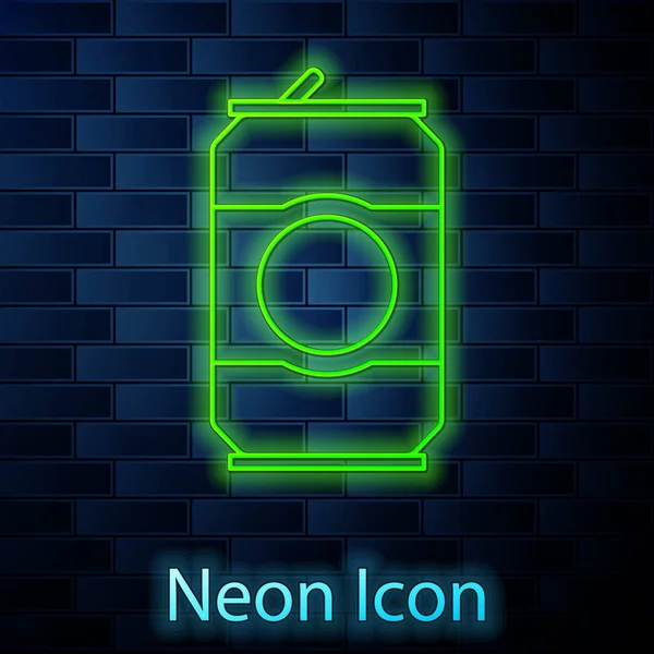 Linea al neon incandescente Birra può icona isolata su sfondo muro di mattoni. Illustrazione vettoriale — Vettoriale Stock