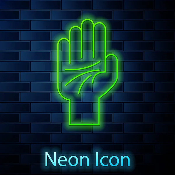 Ragyogó neon vonal Palmistry a kéz ikon elszigetelt téglafal háttér. Vektorillusztráció — Stock Vector