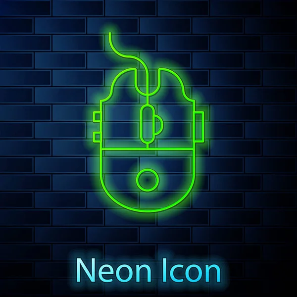 Glowing neon line Computer mouse gaming icon isolated on brick wall background. Optical with wheel symbol. Vector Illustration — Stock Vector