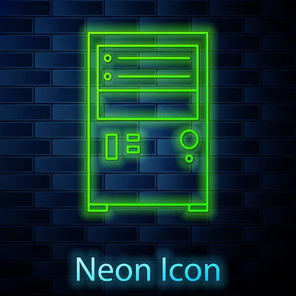 네온 라인 컴퓨터 아이콘 이 벽돌 벽 배경에 분리되어 빛나고 있습니다. PC 구성 표. 벡터 일러스트 — 스톡 벡터