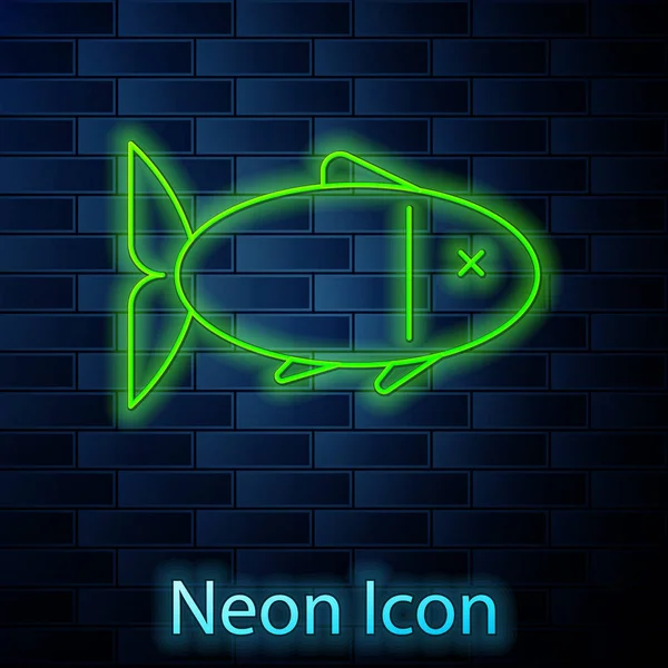 Светящаяся неоновая линия Значок рыбы выделен на фоне кирпичной стены. Векторная миграция — стоковый вектор
