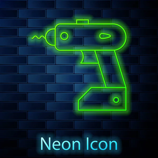 Leuchtende Neon-Line-Akkuschrauber-Symbol isoliert auf Backsteinwand Hintergrund. Elektrobohrmaschine. Reparaturwerkzeug. Vektorillustration — Stockvektor