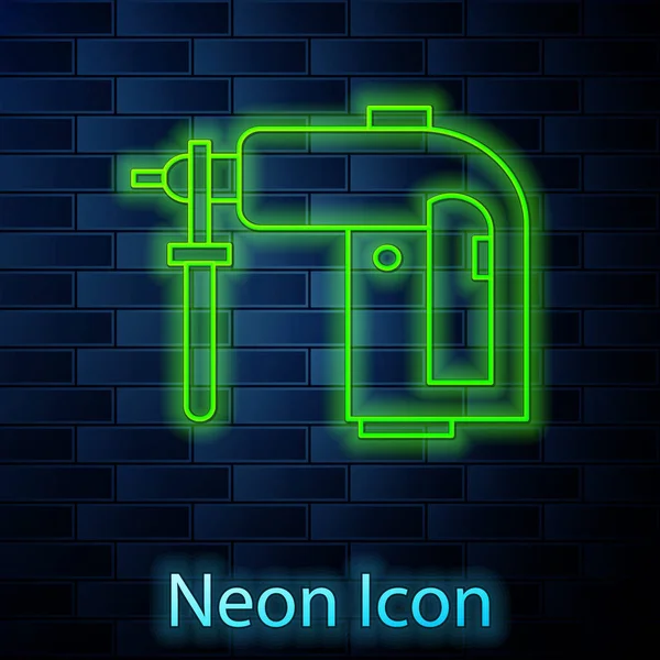 Glowing neon line Electric rotary hammer drill machine icon isolated on brick wall background. Working tool for construction, finishing, repair work. Vector Illustration — Stock Vector