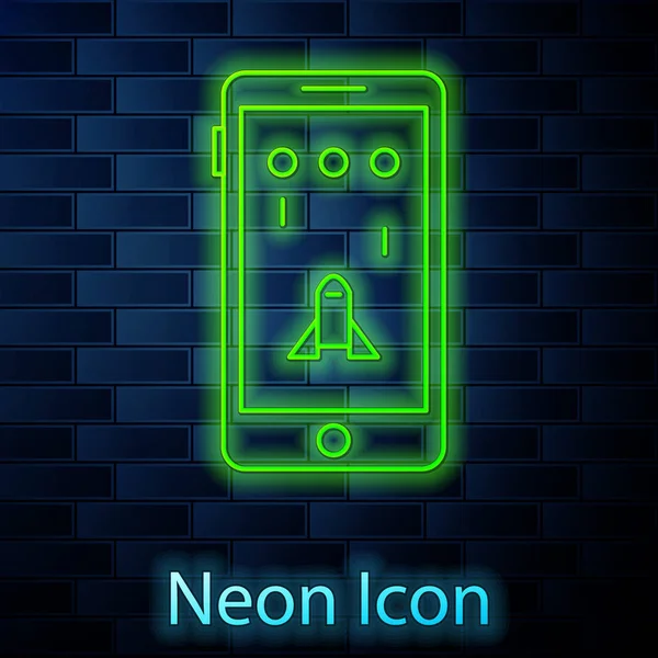 Leuchtende Neon-Line-Smartphone und spielen in Spiel-Symbol isoliert auf Ziegelwand Hintergrund. Mobile Gaming Konzept. Vektorillustration — Stockvektor