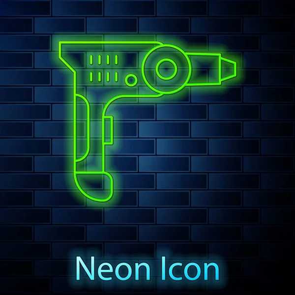 Leuchtende Neon-Linie Elektrische Bohrmaschine Symbol isoliert auf Backsteinwand Hintergrund. Reparaturwerkzeug. Vektorillustration — Stockvektor