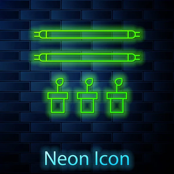 Leuchtende Neon Line Smart Farm mit Glühbirne und Pflanzensymbol isoliert auf Backsteinwand Hintergrund. Vektorillustration — Stockvektor