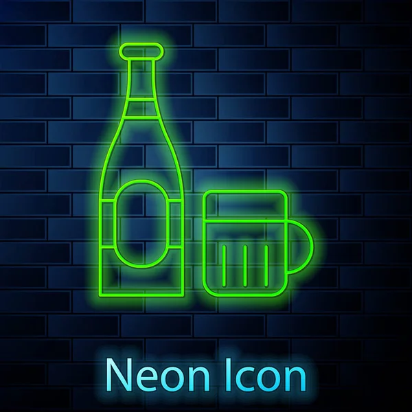 Glowing neon line Beer bottle and glass icon isolated on brick wall background. Alcohol Drink symbol. Vector Illustration — Stock Vector